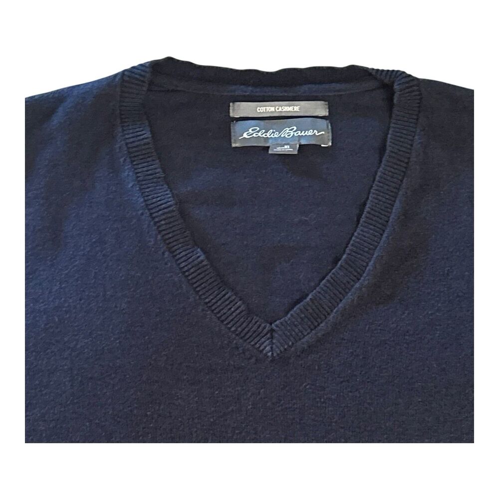 Eddie Bauer Sweater Mens XL Blue Cotton Cashmere Blend V Neck Knit Pullover - Picture 6 of 13